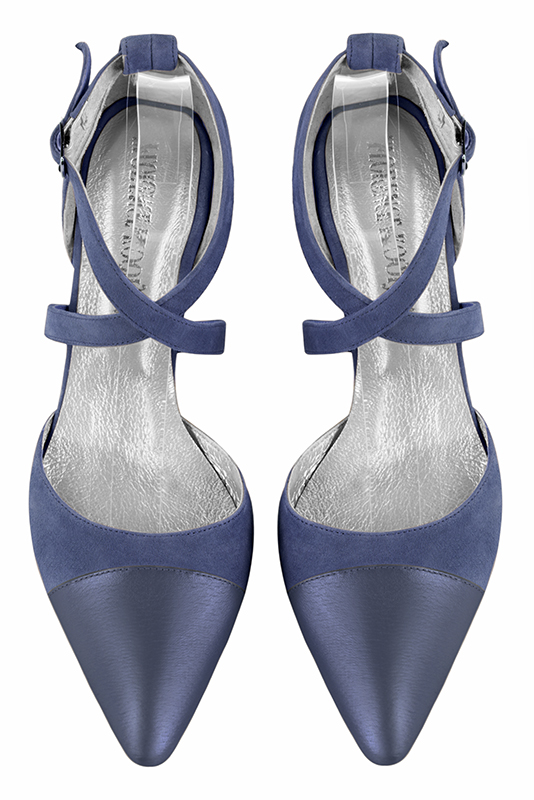 Prussian blue women's open side shoes, with crossed straps. Tapered toe. Medium comma heels - Florence KOOIJMAN